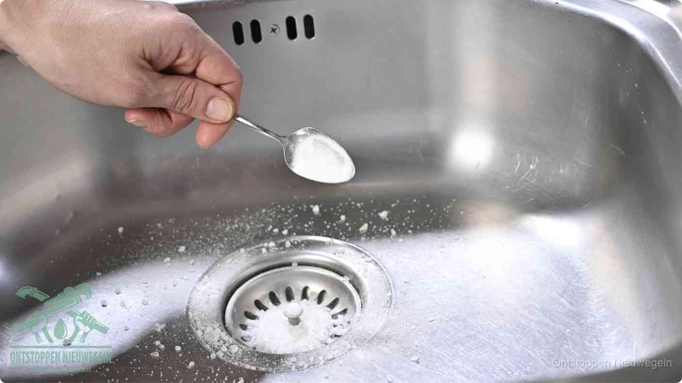 Een hand strooit met een lepel soda in de afvoer van een roestvrijstalen spoelbak, de soda en azijn huismiddel-methode om de afvoer te ontstoppen in Nieuwegein