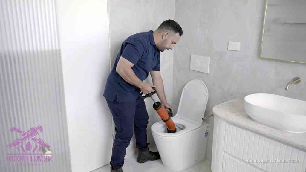 Een monteur buigt over een wandcloset en duwt met de hand een persluchtontstopper in de toiletpot om de verstopping handmatig los te maken in Nieuwegein